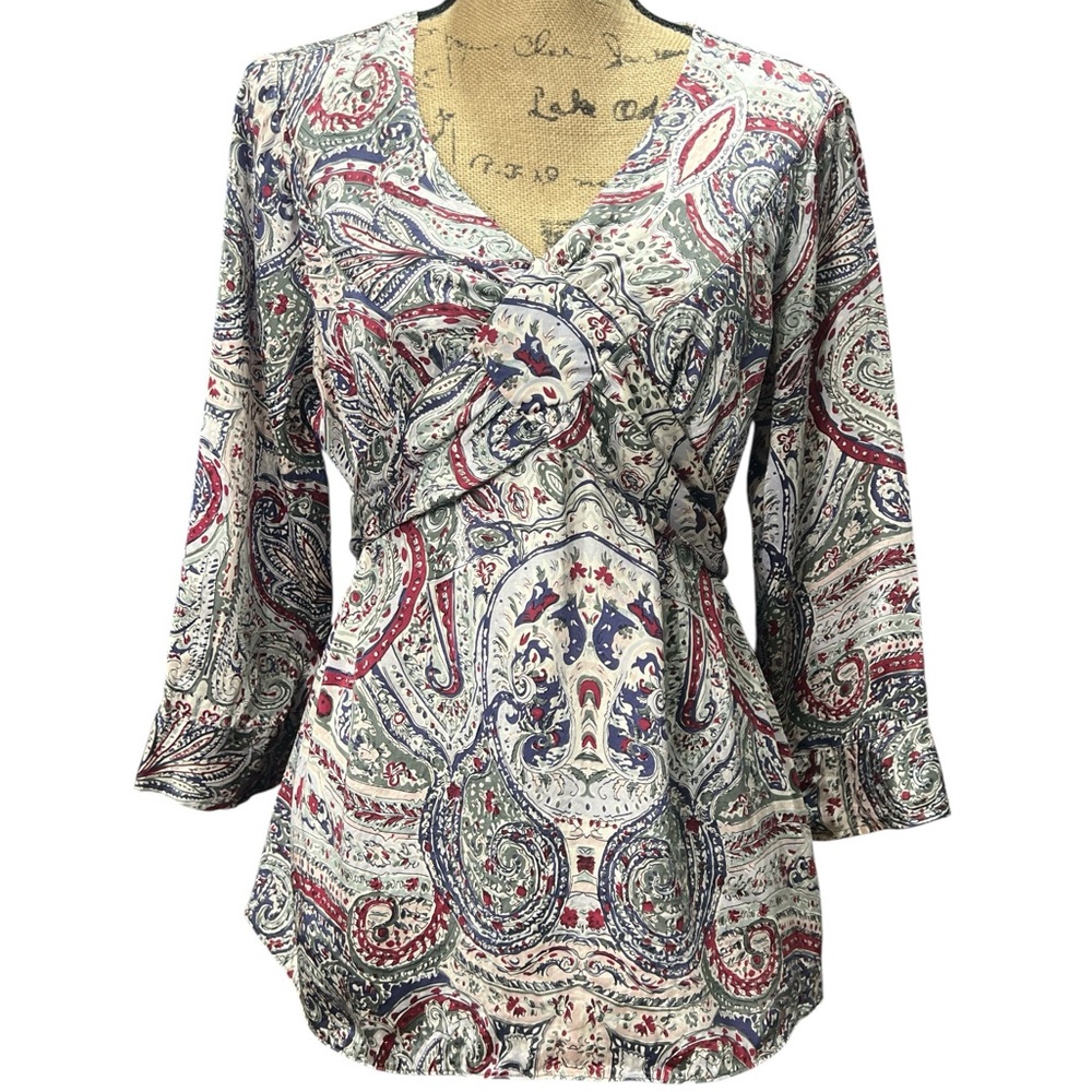 Mimi Maternity EC  Multicolor Paisley V-Neck Silk Blouse. Size large Lightweight